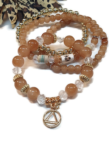 4 Pc Set Tan & Gold Tone Stack Bracelet - AA