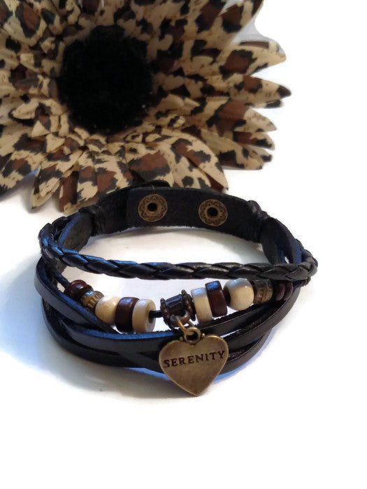 Leather Bronze Serenity Charm Bracelet Snap Closure - Black