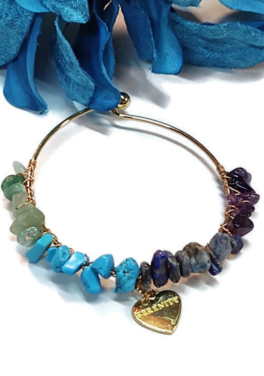 Stone Chip Wire Bangle Bracelet Gold Serenity Heart