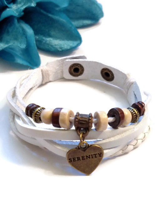 Leather Bronze Serenity Bracelet Snap Closure - White