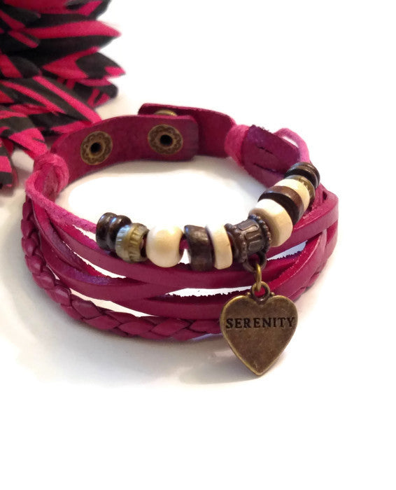 Leather Bronze Serenity Bracelet Snap Closure - Pink