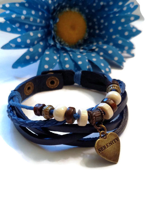 Leather Bronze Serenity Bracelet Snap Closure - Blue