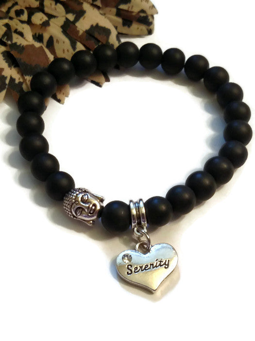 Frosted Black Stone Serenity Buddha Bracelet - Stretch Design