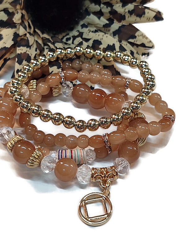 4 Pc Set Tan & Gold Tone Stack Bracelet - NA