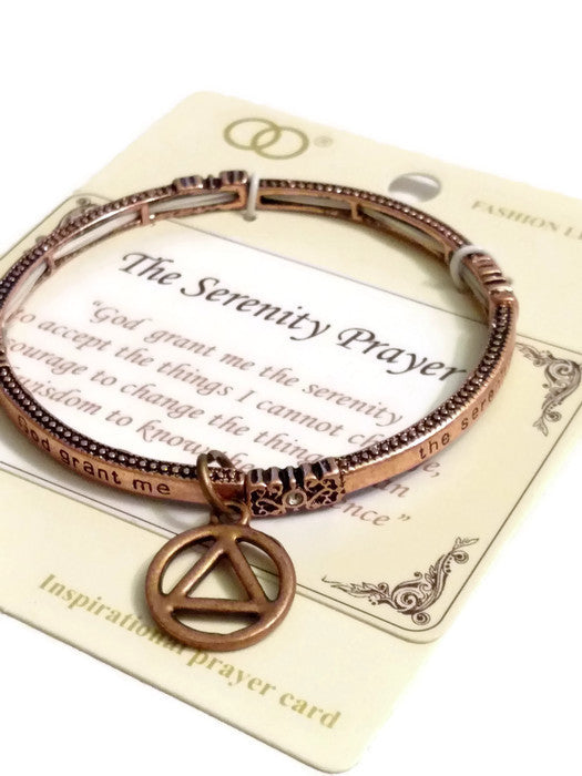 Serenity Prayer Metal Stretch Bracelet with AA Charm - Copper Tone