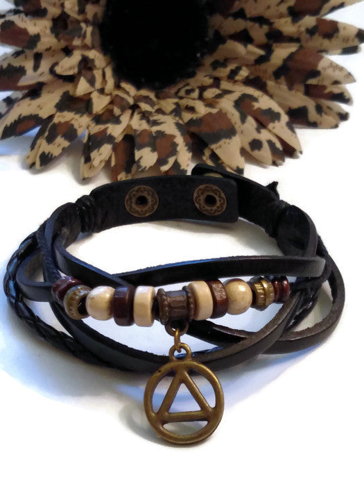 Leather Bronze AA Bracelet Snap Closure - Black