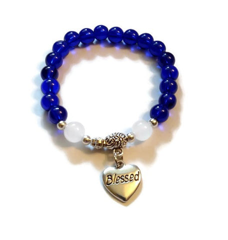 Blue Glass Beaded Stretch Bracelet - Blessed Heart
