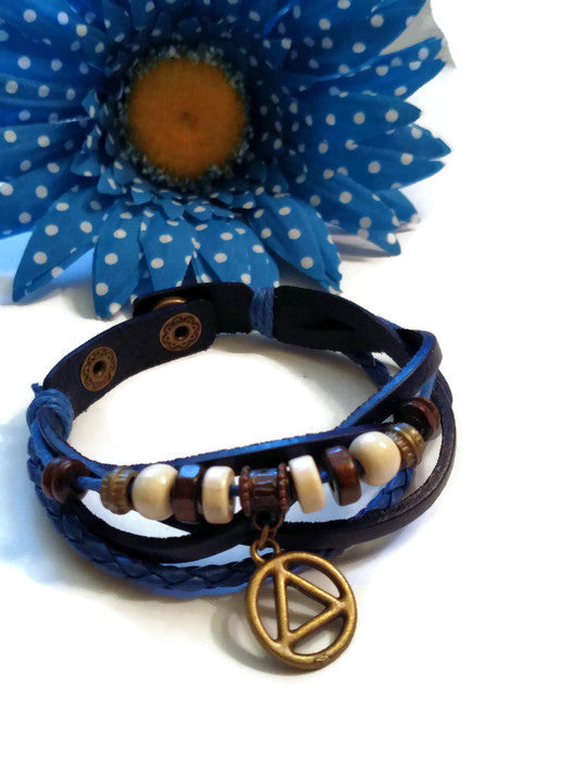 Leather Bronze AA Bracelet Snap Closure - Blue