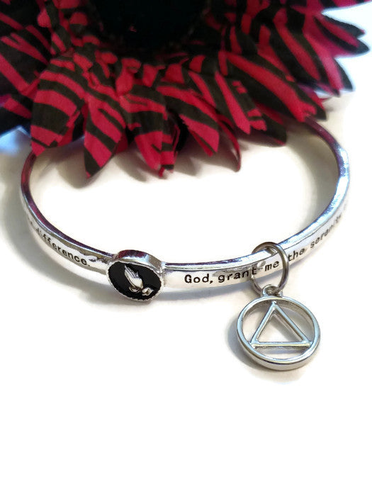 Serenity Prayer Praying Hands Bangle Bracelet with AA Charm - Silver Tone