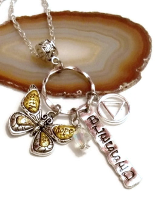 Butterfly 'Faith Hope Blessed' Charm Holder Necklace Alcoholics Anonymous