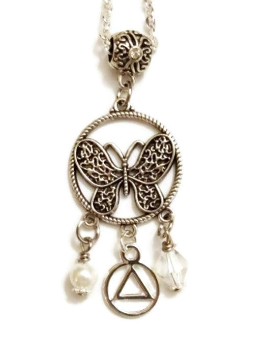 Butterfly 3 Charm Pendant Necklace Alcoholics Anonymous