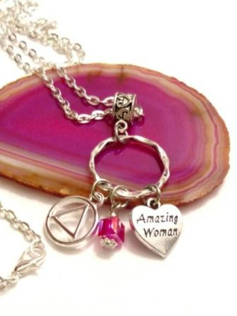 Amazing Woman Charm Holder Necklace Alcoholics Anonymous - Pink