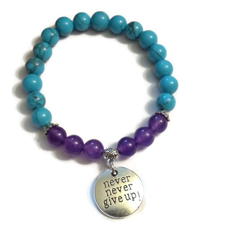 Natural Amethyst and Synthetic Turquoise Bracelet - Never Never Give Up