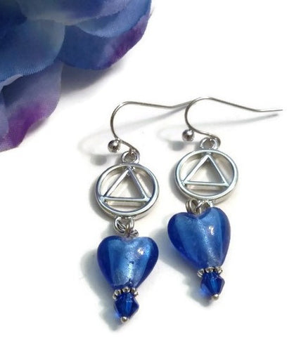 Bright Blue Glass Heart Dangle Earrings - AA