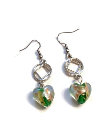 Clear Glass With Green Accent Heart Dangle Earrings - NA