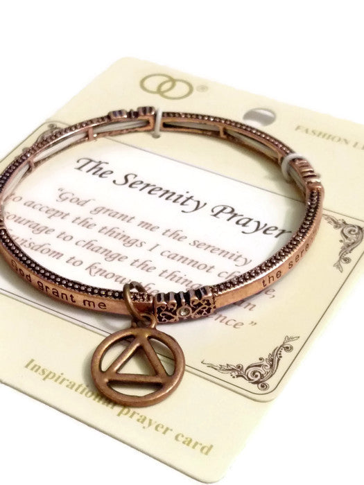 Serenity Prayer Metal Stretch Bracelet with AA Charm - Copper