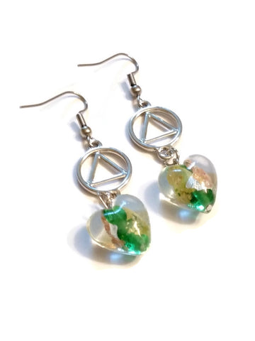Clear Glass With Green Accent Heart Dangle Earrings - AA