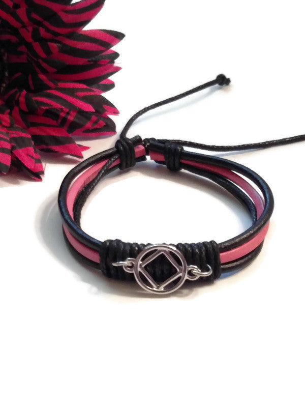 Leather Adjustable NA Bracelet - Black & Pink