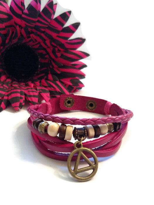 Leather Bronze AA Bracelet Snap Closure - Pink