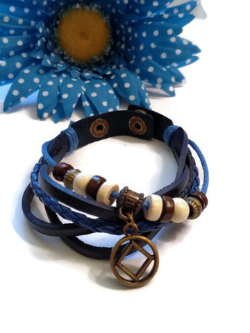 Leather Bronze NA Bracelet Snap Closure - Blue